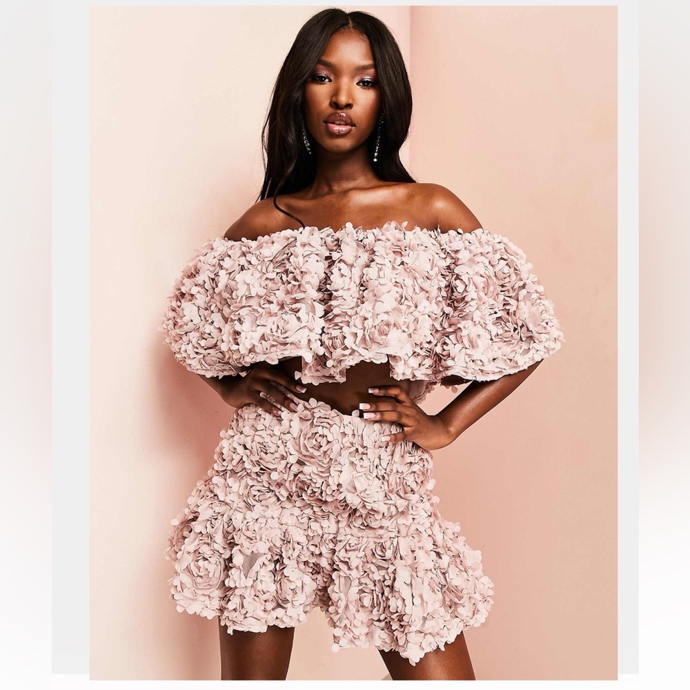 ASOS Luxe size 2 Floral Lace Bardot top skirt Set in Pink mauve